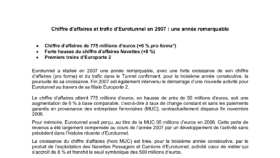 Chiffre d'affaires et trafic d’Eurotunnel en 2007 : une année remarquable