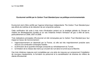 Eurotunnel certifié par le Carbon Trust Standard pour sa politique environnementale