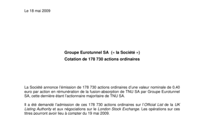 Groupe Eurotunnel SA (« la Société »)  Cotation de 178 730 actions ordinaires