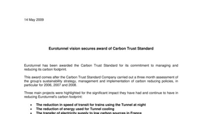 Eurotunnel vision secures award of Carbon Trust Standard