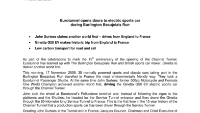 Eurotunnel opens doors to electric sports car  during Burlington Beaujolais Run