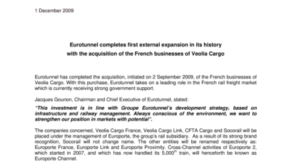 Eurotunnel completes first external expansion in its history  with the acquisition of the French businesses of Veolia Cargo
