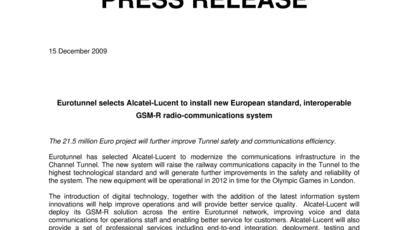 Eurotunnel selects Alcatel-Lucent to install new European standard, interoperable GSM -R radio-communications system