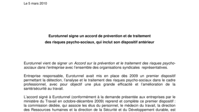 Eurotunnel signe un accord de prévention et de traitement  des risques psycho-sociaux, qui inclut son dispositif antérieur