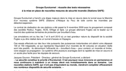 Groupe Eurotunnel : réussite des tests nécessaires  à la mise en place de nouvelles mesures de sécurité incendie (Stations SAFE)