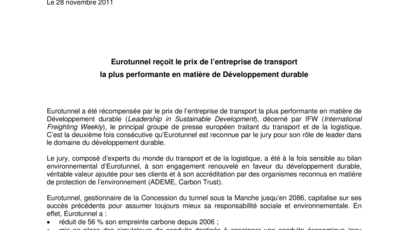 Eurotunnel reçoit le prix de l’entreprise de transport  la plus performante en matière de Développement durable