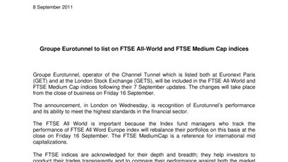 Groupe Eurotunnel to list on FTSE All-World and FTSE Medium Cap indices