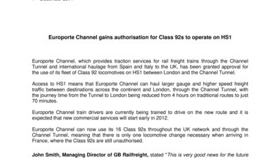 Europorte Channel gains authorisation for Class 92s to operate on HS1