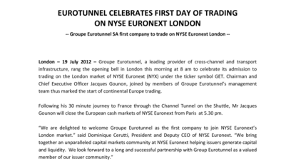 EUROTUNNEL CELEBRATES FIRST DAY OF TRADING ON NYSE EURONEXT LONDON