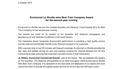 Eurotunnel Le Shuttle wins Best Train Company Award  for the second year running