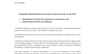 Assemblée Générale Mixte de Groupe Eurotunnel SA du 15 mai 2013