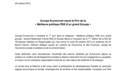 Groupe Eurotunnel reçoit le Prix de la  « Meilleure politique RSE d’un grand Groupe »