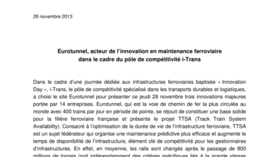 Eurotunnel, acteur de l’innovation en maintenance ferroviaire  dans le cadre du pôle de compétitivité i-Trans
