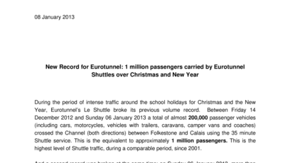 New Record for Eurotunnel: 1 million passengers carried by Eurotunnel Shuttles over Christmas and New Year