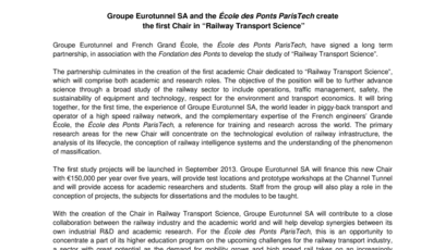 Groupe Eurotunnel SA and the École des Ponts ParisTech create  the first Chair in “Railway Transport Science”