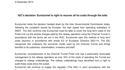 IGC’s decision: Eurotunnel is right to recover all its costs through the tolls