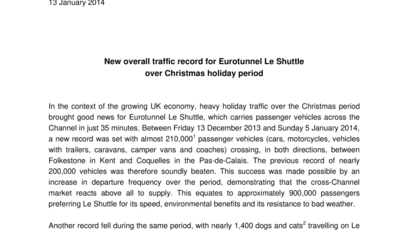 New overall traffic record for Eurotunnel Le Shuttle  over Christmas holiday period