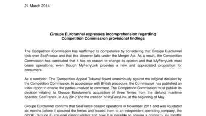 Groupe Eurotunnel expresses incomprehension regarding  Competition Commission provisional findings