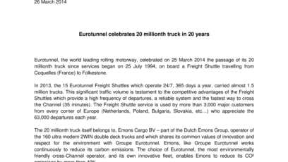 Eurotunnel celebrates 20 millionth truck in 20 years