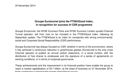 Groupe Eurotunnel joins the FTSE4Good index,  in recognition for success of CSR programme