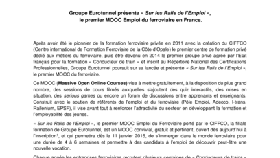 Groupe Eurotunnel présente « Sur les Rails de l’Emploi », le premier MOOC Emploi du ferroviaire en France.