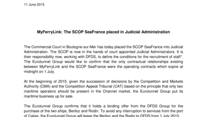 MyFerryLink: The SCOP SeaFrance placed in Judicial Administration