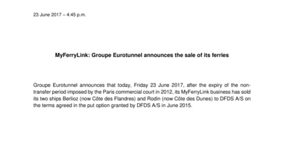 MyFerryLink: Groupe Eurotunnel announces the sale of its ferries