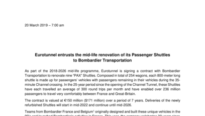 Eurotunnel entrusts the mid-life renovation of its Passenger Shuttles to Bombardier Transportation