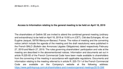 Access to Information relating to the general meeting to be held on April 18, 2019
