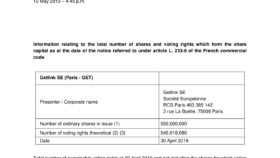 Information relating to the total number of shares and voting rights which form the share capital as at the date of the notice referred to under article L. 233-8 of the French commercial code