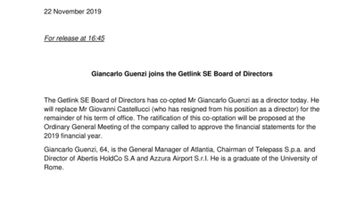 Giancarlo Guenzi joins the Getlink SE Board of Directors