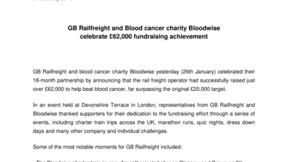 GB Railfreight and Blood cancer charity Bloodwise celebrate £62,000 fundraising achievement