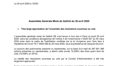 Assemblée Générale Mixte de Getlink du 30 avril 2020 : très large approbation de l’ensemble des résolutions soumises au vote