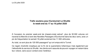 Trafic soutenu pour Eurotunnel Le Shuttle le week-end du 17 au 19 juillet 2020