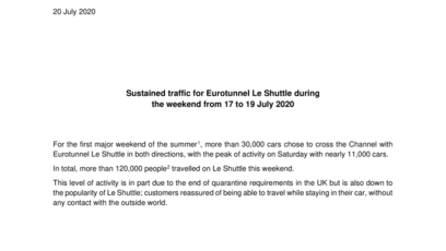 Sustained traffic for Eurotunnel Le Shuttle during the weekend from 17 to 19 July 2020