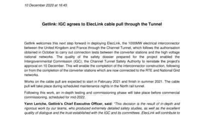 Getlink: IGC agrees to ElecLink cable pull through the Tunnel