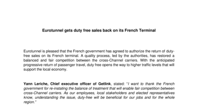 Eurotunnel gets duty free sales back on its French Terminal