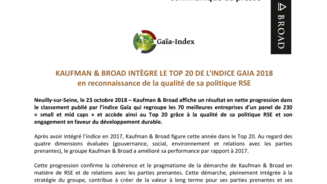 Kaufman & Broad intègre le Top 20 de l’Indice GAIA 2018 en reconnaissance de la qualité de sa politique RSE
