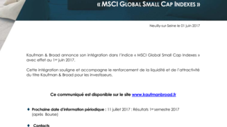 Kaufman & Broad rejoint l'indice « MSCI Global Small Cap Indexes »