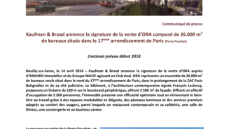 Kaufman & Broad annonce la signature de la vente d’ORA composé de 26.000 m2 de bureaux situés dans le 17ème arrondissement de Paris (Porte Pouchet)