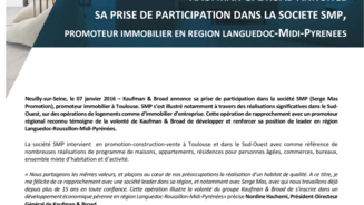 Kaufman & Broad annonce sa prise de participation dans la société SPM, promoteur immobilier en région Languedoc-Midi-Pyrénées