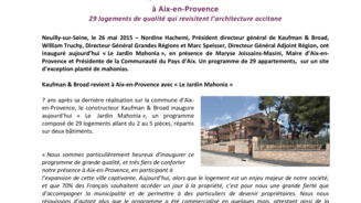 Kaufman & Broad inaugure le programme du « Jardin Mahonia », à Aix-en-Provence