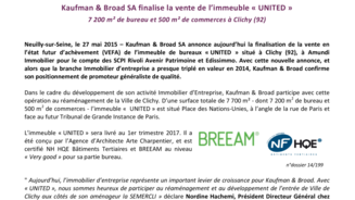 Kaufman & Broad SA finalise la vente de l'immeuble « UNITED »
