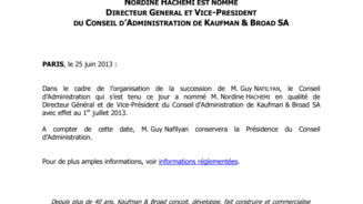 Nordine Hachemi est nommé Directeur Général et Vice-Président  du Conseil d'Administration de Kaufman & Broad SA