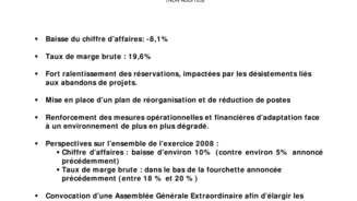 Communiqué de presse  Résultats des 9 premiers mois 2008 (Non Audités)