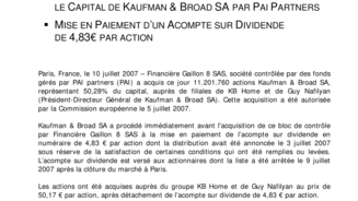 Acquisition d'une participation majoritaire dans le capital de Kaufman & Broad SA par PAI Partners