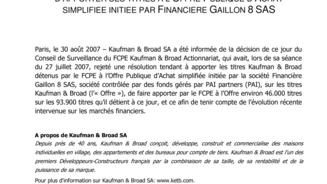 Décision du FCPE Kaufman & Broad Actionnariat d'apporter ses titres à  l'Offre Publique d'Achat simplifiée initiée par Financière Gaillon 8 SAS
