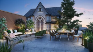 Bois-Guillaume - Le Domaine : terrasse d'un logement avec vue sur la chapelle réhabilitée