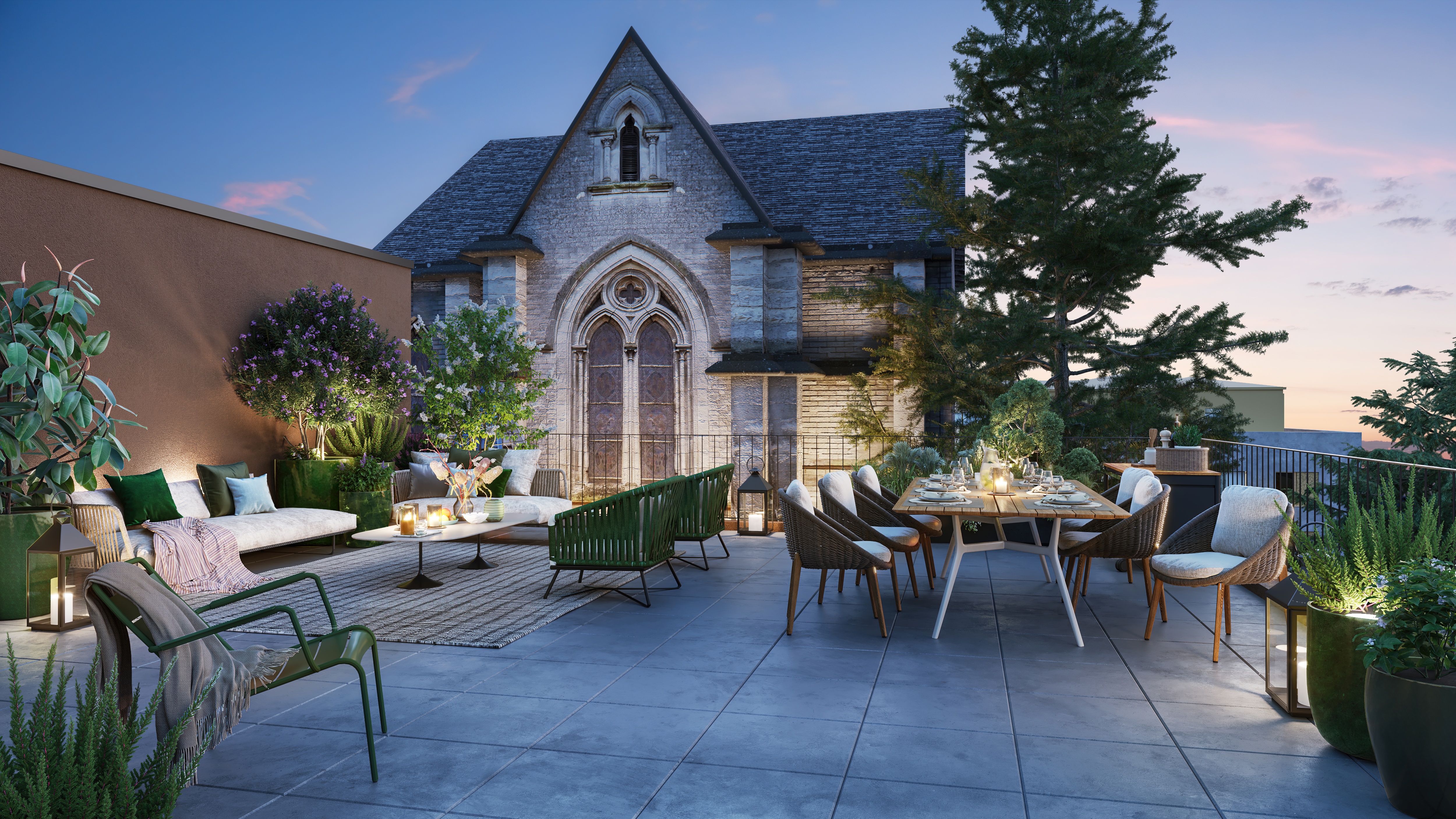 Bois-Guillaume - Le Domaine : terrasse d'un logement avec vue sur la chapelle réhabilitée