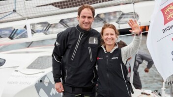 Isabelle Joschke et Morgan Lagravière juste avant le départ de la Transat Jacques Vabre 2019